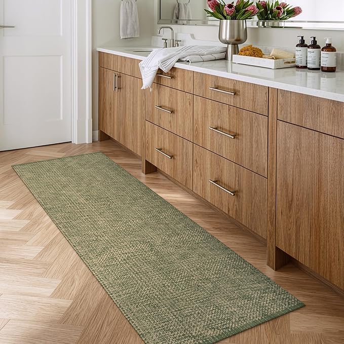 LEEVAN Washable Kitchen Runner Rug 2'x6', Cotton Woven Entryway Rug Reversible Hallway Runners, Modern Bathroom Rugs Farmhouse Kitchen Mat, Long Carpet for Nursery Foyer(Green&Natural)