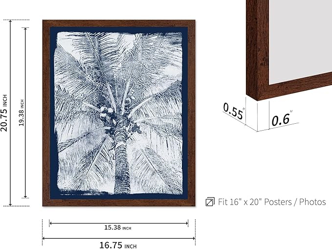 Monem Art Coastal Palm Tree Cyanotype Print - Blue and White Tropical Botanical Art Poster - Wall Decor for Beach House, Bedroom or Living Room - 16x20 Brown Framed Wall Art by Renee Stramel