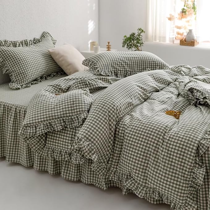 mixinni Green Gingham Ruffle Duvet Cover Full Size 3 Pieces – 100% Washed Cotton, Vintage Plaid Ruffled Bedding Set with Zipper Ties, Soft Checkered Grid Farmhouse Chic Comforter Cover Set