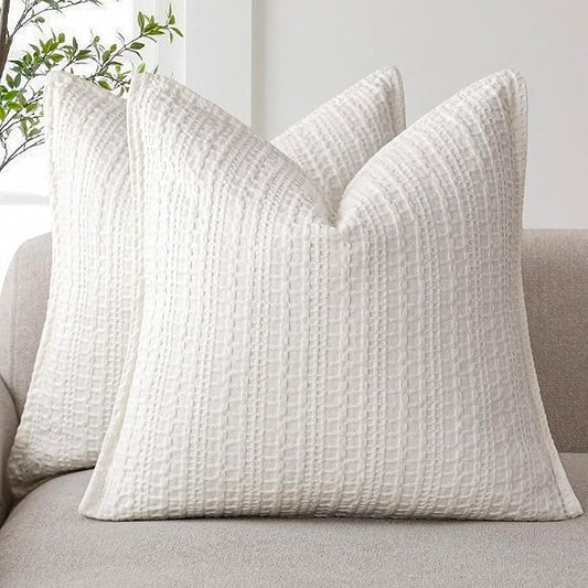 Foindtower Set of 2 Decorative Cotton Waffle Weave Throw Pillow Covers Euro Shams Cushion Covers Accent European Pillowcase for Bed Couch Sofa Bedroom Living Room Home Decor 20×20 Inch Cream White