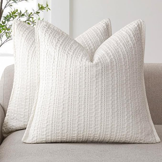 Foindtower Set of 2 Decorative Cotton Waffle Weave Throw Pillow Covers Euro Shams Cushion Covers Accent European Pillowcase for Bed Couch Sofa Bedroom Living Room Home Decor 24×24 Inch Cream White