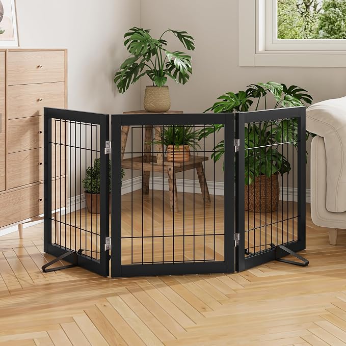 Semiocthome Freestanding Dog Gates and Barriers Indoor Pet Gates for Doorways and Stairs 24"H- 3 Panels Puppy Gate with 2 Metals Stands Adjustable Safety Fence Wire Dog Gate with Bamboo Frame - Black