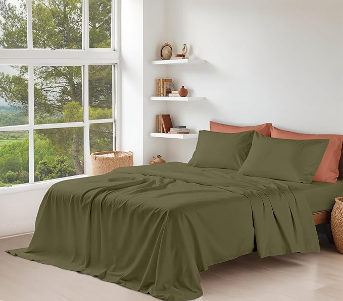 RUVANTI 100% Cotton Organic Percale Sheets Full Size – Crisp Cooling Bed Sheets for Hot Sleepers, Deep Pocket 15”, Soft Peach Finish, Breathable & Durable Hotel-Style 4 Pcs, Olive