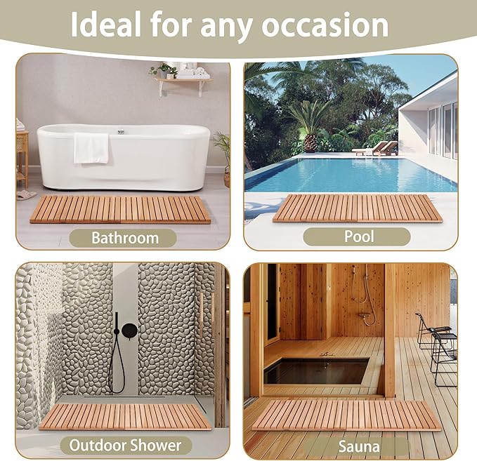 bingaai Cedar Wood Shower Mat 59" × 29.53", Cedar Wooden Bath Mats, Wood Bath Mat for Inside or Outside Shower, Cedar Sauna Floor Mat Extra Large, Non-Slip Shower Platform