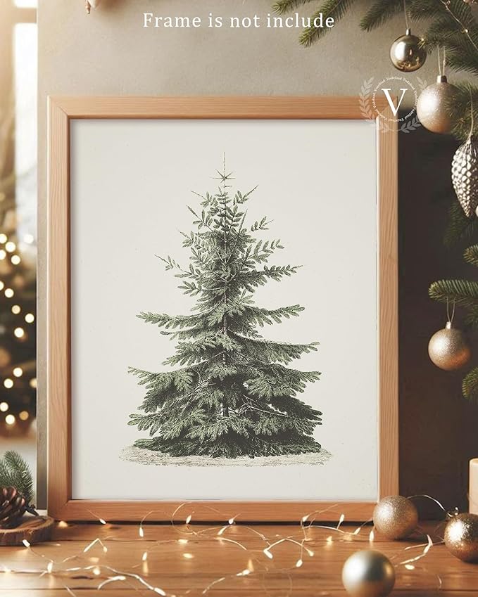 Vodefoad Vintage Christmas Tree Wall Art Retro Neutral Antique Holiday Christmas Tree Painting vintage Christmas Pine Tree Art Prints Painting Vintage Christmas Decor for Holiday - 8x10Inch Unframe