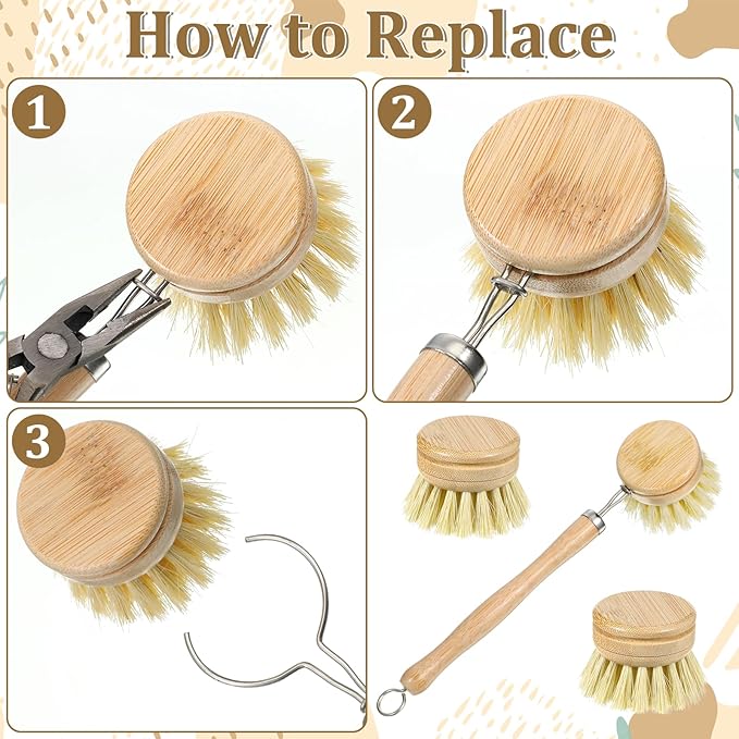 8 Pcs Bamboo Dish Brush with Handle, Natural Sisal Bristle Scrubber Includes 7 Replacement Brush Heads Wooden Kitchen Dish Brushes for Pots, Pans, Bowls, Dishes Cleaning