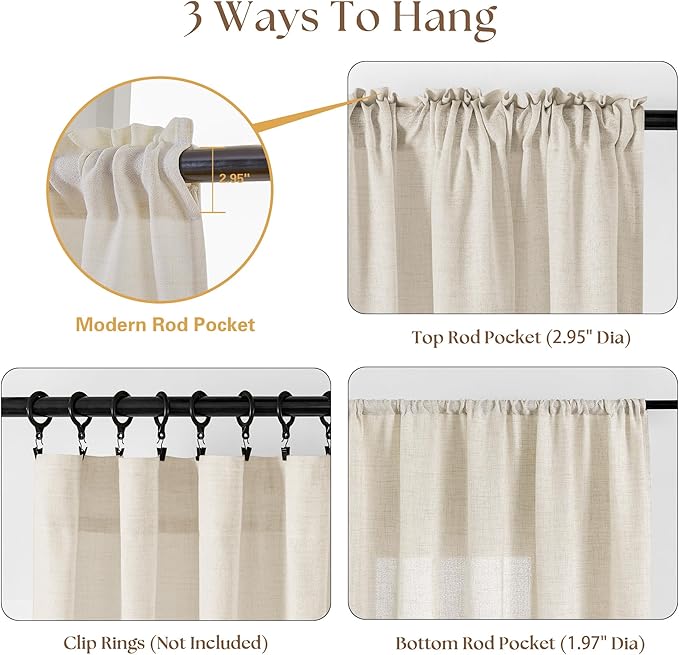 48 Inch Boho Linen Curtains for Cafe Kitchen Bedroom Bathroom Rod Pocket Semi Sheer Light Filtering Privacy Window Treatments Neutral Drapes for Small Window 2 Panels W34xL48