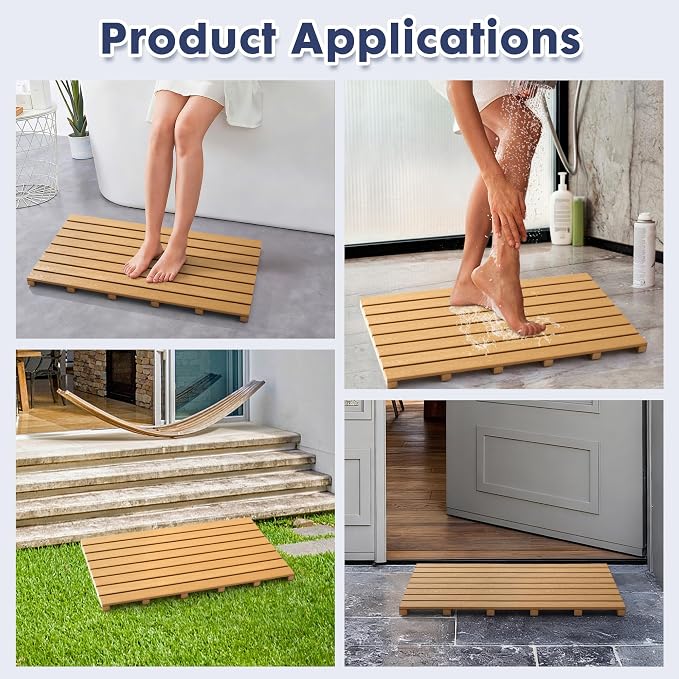 Bamboo-Design Bath Mat, Heavy Duty HDPS Plastic, 31.5"x18", 400lb Support, 100% Waterproof & Fadeproof, Superior to Real Bamboo for Bathroom Shower Spa Sauna Poolside Outdoor (Bamboo Color)