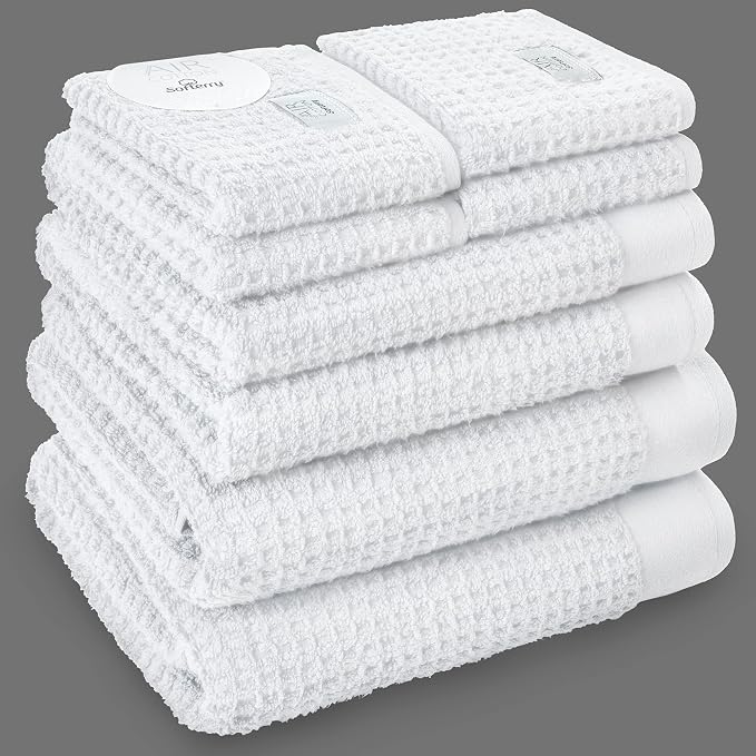 Softerry Waffle Bath Towel Set - 100% Soft Cotton - Plush and Extra Absorbent - Luxury Hotel & Spa Quality - Fade Resistant - Eco-Friendly (White, Set of 8 Towels)