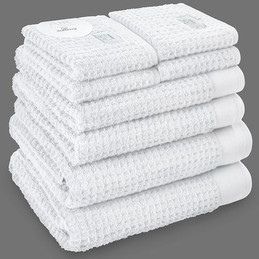 Softerry Waffle Bath Towel Set - 100% Soft Cotton - Plush and Extra Absorbent - Luxury Hotel & Spa Quality - Fade Resistant - Eco-Friendly (White, Set of 8 Towels)