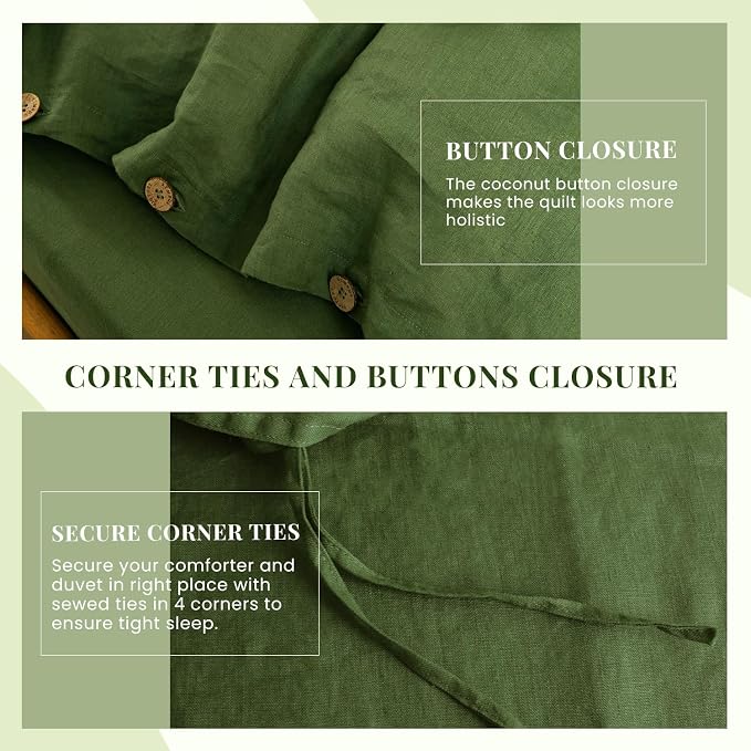 S VICTORY SYMBOL 100% Organic Linen Duvet Cover Set Queen Size,Natural French Washed Flax Bedding Set 3PCS(1 Duvet Cover and 2 Pillowcases) with Coconut Button Closure,Juniper Green