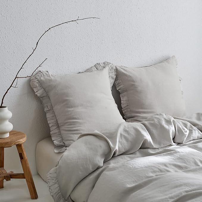 100% French Linen Euro Shams with Ruffles - Set of 2 - Washed Solid Color Natural Flax Soft Breathable Pillow Covers - Grey, 26'' x 26''