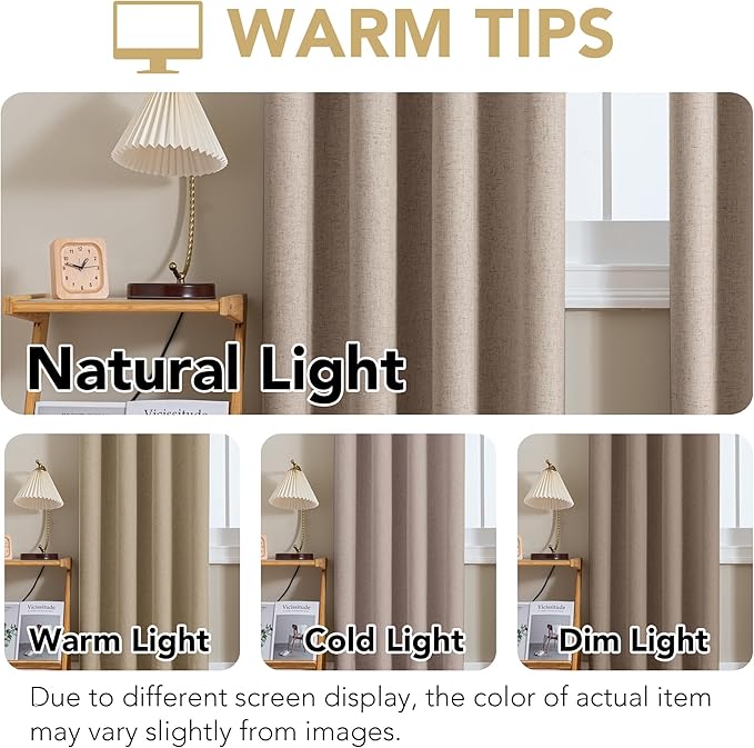 H.VERSAILTEX Linen Curtains 100% Blackout Curtains for Bedroom 90 inch Long Full Light Blocking Nature Linen Blended Window Curtains for Living Room Nickel Grommet (2 Panels, Heathered Sand)