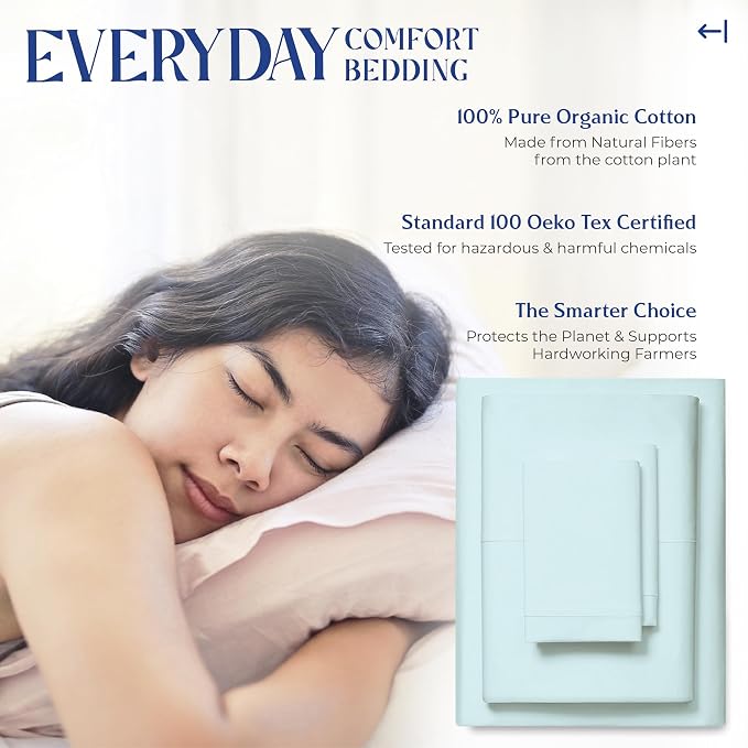 Mayfair Linen 100% Organic Cotton Sheets California King Size - 4 PC Organic Cotton Cal King Size Percale Weave Sheet Set, Soft, Cooling & Crisp, 16" Deep Pocket Hotel Quality Bedding Set - Sea Foam