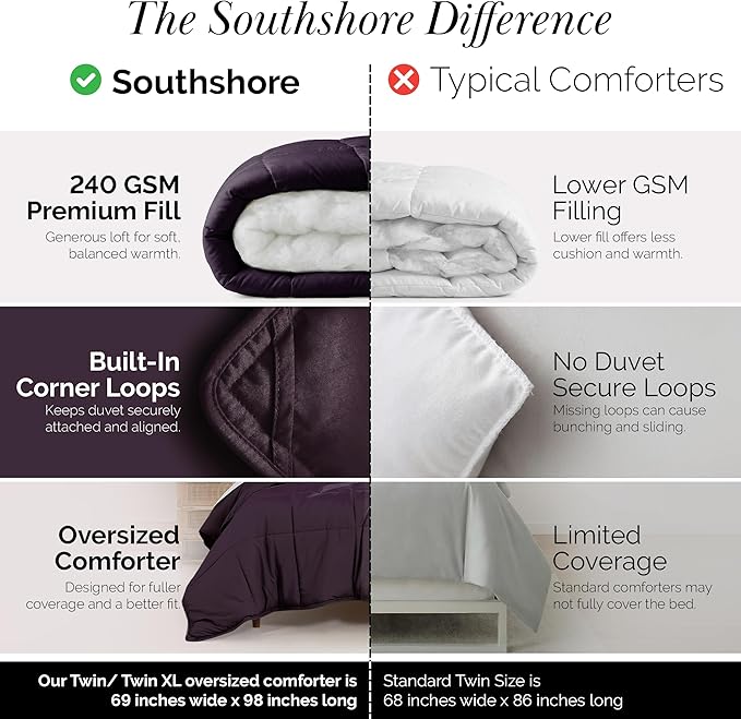 Southshore Fine Living, Inc. Comforter, Twin/XL Bedspread, Down-Alternative Purple Comforter for Twin Bed, Soft, Fluffy Comforters, Machine Washable, Pet Hair Resistant Bedding, Purple Comforters
