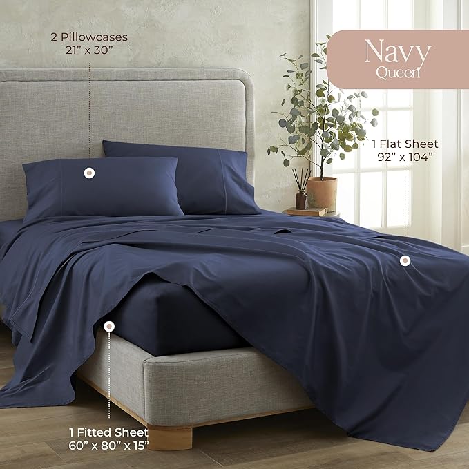 100% Organic Cotton Sheets Queen Size - GOTS Certified Organic Bed Sheets with Deep Pocket 300 Thread Count & Cozy Sateen Weave Gets Softer with Each Wash - Luxury 4 Piece Set (Navy, Queen)