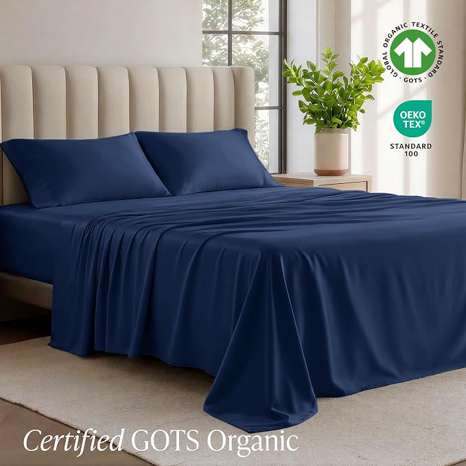 Bare Home 100% Organic Cotton Jersey Sheet Set, Ultra Soft, 100% Cotton - Sheet Set & Pillowcases - Deep Pocket Bed Sheets (Split King, Dark Blue)