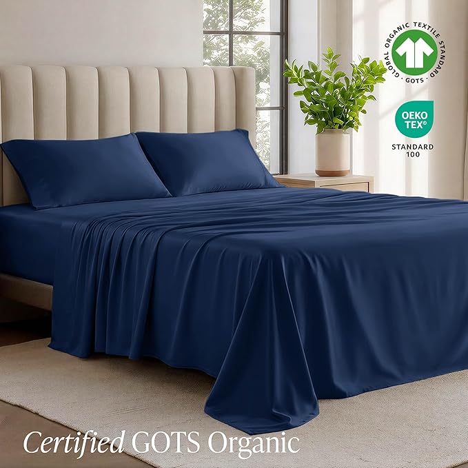 Bare Home 100% Organic Cotton Jersey Sheet Set, Ultra Soft, 100% Cotton - Sheet Set & Pillowcase - Deep Pocket Bed Sheets (Twin, Dark Blue)