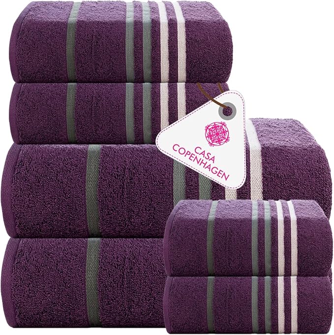 CASA COPENHAGEN Exotic 6Pcs 100% Egyptian Cotton Large Designer Towels Gift Set- Lavender, 550GSM, 2Bath 2Hand 2Washcloths, Bath Towels for Bathroom (Box Pack, Gift Set for Women & Men)