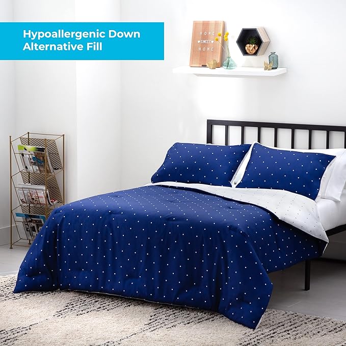 Linenspa All Season Hypoallergenic Down Alternative Microfiber Comforter, Twin XL, Navy, Twin XL Size, Dorm Room Essentials