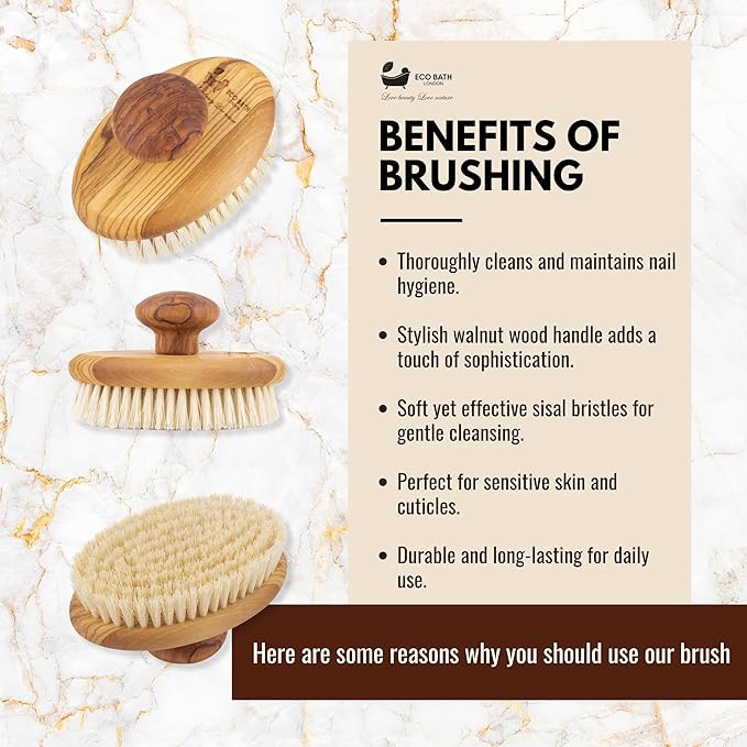 Eco Bath London Natural Sisal Olive Wood Hand Brush - Dry Brushing Body Brush for Exfoliation and Massage, Dry Brushing for Cellulite Lymphatic Drainage, Exfoliating Back Scrubber Spa Gift for Women