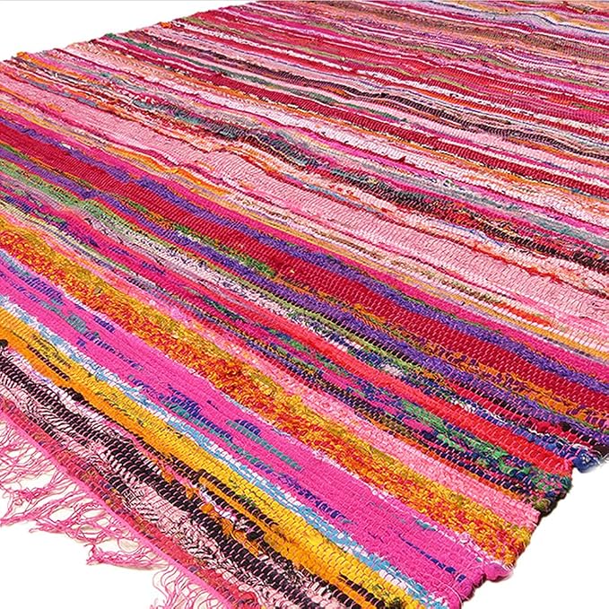 Chindi Cotton Rag Rugs 100% Eco-Friendly, 2-in-1 Reversible Multipurpose, Multicolor Hand-Woven Traditional Rugs (5ft X 3ft) for Living Room & Kitchen - Pink