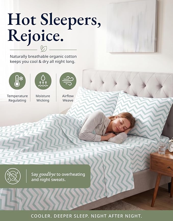 LANE LINEN 100% Organic Cotton Twin XL Fitted Sheet, 2-Piece Set (1 Fitted Sheet, 1 Pillowcase), Percale Weave, Lightweight, Soft, Breathable, Fits Mattress Upto 15' Deep - Cool Blue Chevron