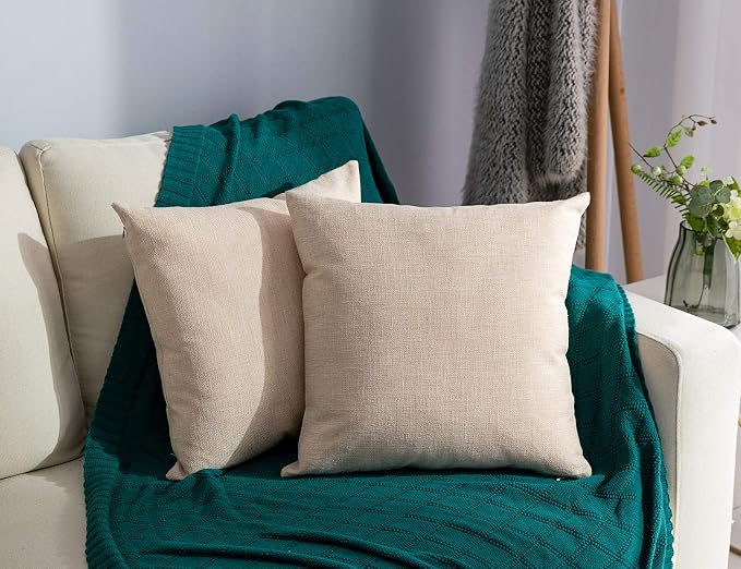 Stellhome Linen Throw Pillow Covers Square Solid Burlap Cushion Covers for Bed Couch Sofa Bench, 18 x 18 inch (45 cm), Beige, Set of 2