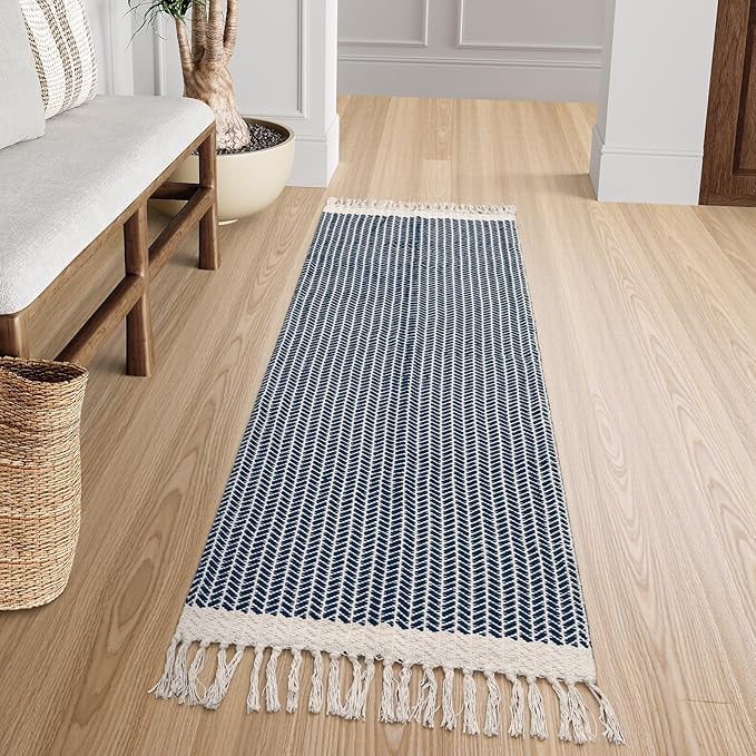 Lahome Belle Boho Kitchen Runner, 2x6 Laundry Room Rug Lightweight Runners for Hallways Washable Runner Rug with Tassels, Farmhouse Cotton Blue Throw Rugs Non Shedding Carpet for Entryway Bathroom