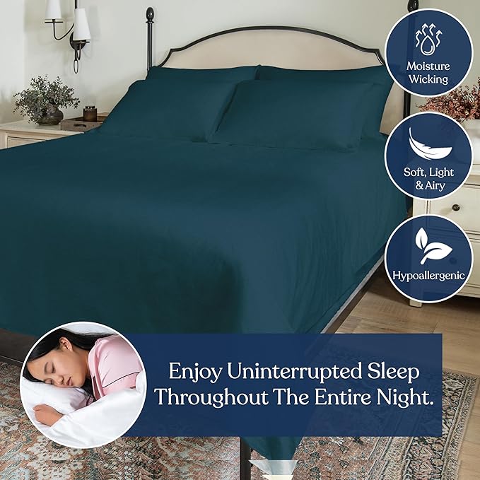 100% Organic Cotton Percale Weave Sheet, 400 Thread Count GOTS Certified, Smooth & Moisture-Wicking, Soft & Silky Breathable Bedding (Midnight Blue, King - 3 Piece NO Flat Sheet)