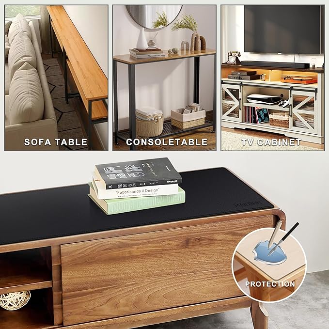 MAIDERN 63” x 7.9” Narrow Table Cover, Reversible Leather & Cork Console Table Mat, Long Slim Table Protector for Sofa Table, Entryway, Sideboard, Hallway, or Buffet Table (Black)