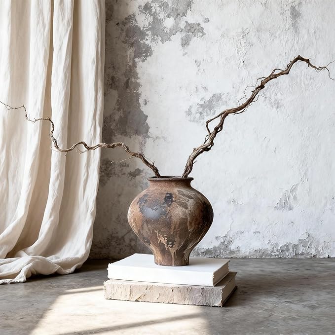 Wabi Sabi Vase 11in, Rustic Ceramic Vase Large, Brown Ceramic Vase, Rustic Vases for Decor Table Centerpiece, Farmhouse Pottery Vases for Home Decor, Vintage Farmhouse Vase