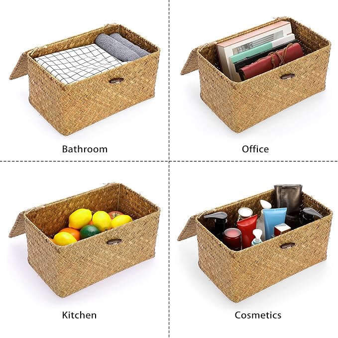 Hipiwe Wicker Shelf Baskets Bin with Lid, Handwoven Seagrass Basket Storage Bins Rectangular Household Basket Boxes for Shelf Wardrobe Home Organizer, Caramel Medium