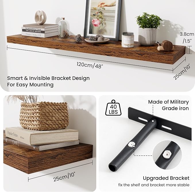 48 Inch Floating Shelves for Wall - 10 Inch Deep Fireplace Mantel Shelf - Wood Floating Shelf for Wall - Large Storage Shelves Wall-Mount for Living Room & Bedroom - Rustic Brown - Set of 2