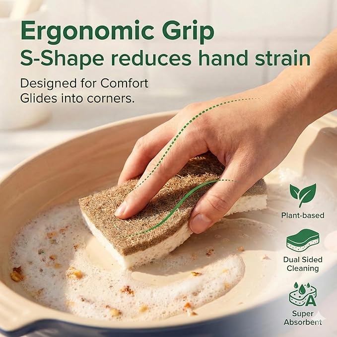 12 Pack Natural Kitchen Sponges, Compostable White Cellulose & Organic Coconut Scrubber Sponge for Washing Dishes, Kind Eco Friendly Non Toxic & Biodegradable Dishwashing Sponges