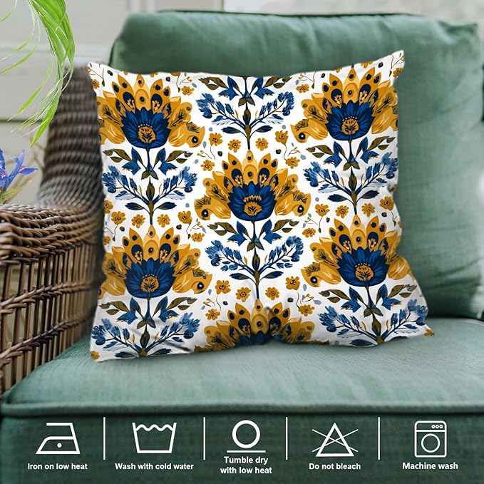 Shrahala Folk Art Floral Motifs Decorative Throw Pillow Cover, Blue Yellow Floral Pattern Square Pillowcase Blended Double-Sided No Inserts for Bedroom Living Room Set of 2 (20 x 20 in)