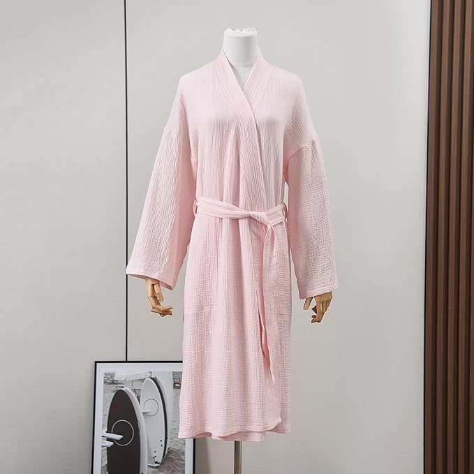 Women's Organic Cotton Bathrobe Long Sleeve Nightgowns Lightweight Waist-Tie Bath Robe for Home Spa Muslin Cotton Beach Wear