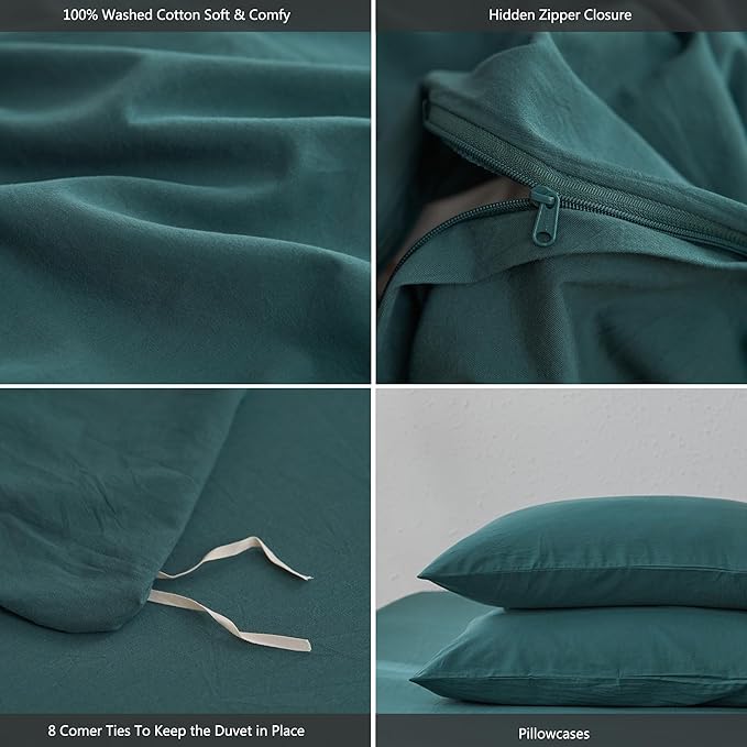MooMee Full Duvet Cover Set, 100% Washed Cotton Linen Like Twill Thick Sturdy Material Super Soft Breathable Durable Bedding for All Season, 3 Pieces (Green, Full 80"x90")