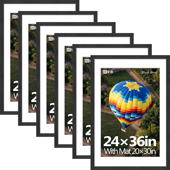 VCK 24x36 Poster Frames Black - 6 Pack, Wide Border Solid Wood, Display 20x30 Picture Photo with Mat or 24 x 36 without, for Home, Office, Gallery, Woodgrain Series, Wall Hanging