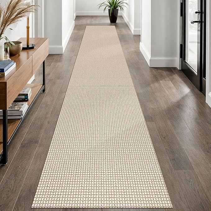 EARTHALL Woven Runner Rug 2x12 Ft Washable Runners for Hallways Extra Long Cotton Non Slip Rubber Backed Kitchen Runner Braided Indoor Floor Carpet for Entryway, Hall, Kitchen, Beige/Ivory