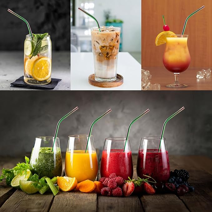 HIC Kitchen Reusable Rainbow Drinking Straws, 18/8 Stainless Steel, Set of 4 Straws with Cleaning Brush