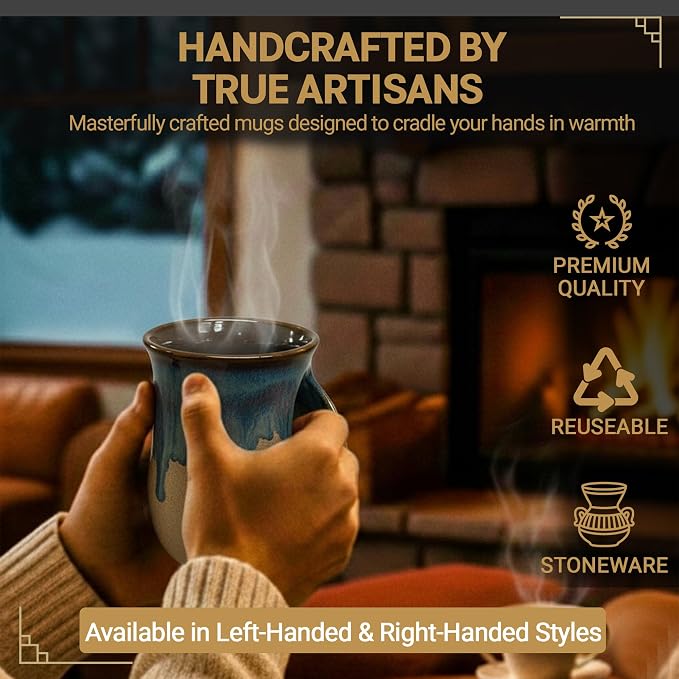 Clay in Motion Hand Warmer Coffee Mug – Handmade Coffee Mug With Comfortable Handle Contoured Pocket Hand Warming Ceramic Coffee Mug – Proudly Made in USA – Right Handed – 14 Oz - Mudslide