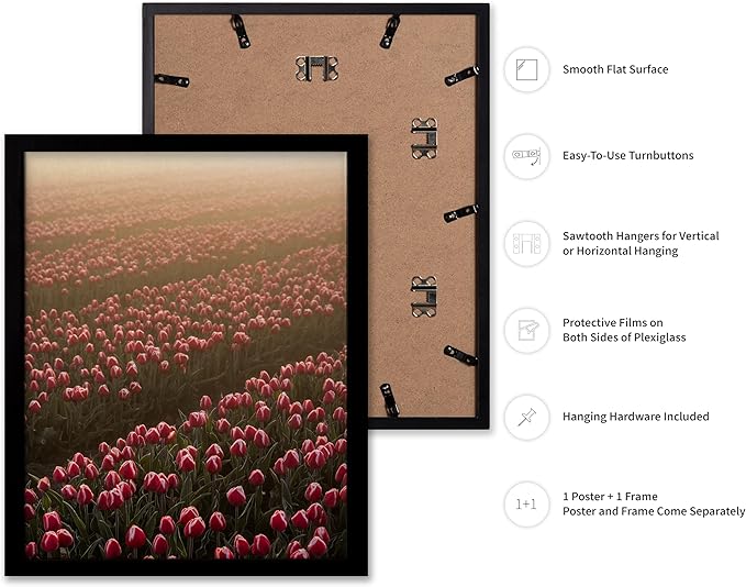 Monem Art Golden Tulip Field Sunset Photography Print - Romantic Spring Landscape Art Poster - Wall Decor for Living Room, Bedroom or Office - 16x20 Black Framed Wall Art by Mareike Bohmer