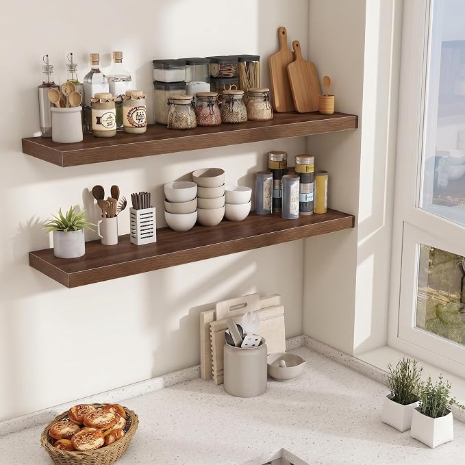 Fun Memories 48 Inch Floating Shelves for Wall - 10 Inch Deep Fireplace Mantel Shelf - Wood Floating Shelves for Wall - Large Storage Shelves Wall Mount for Living Room & Bedroom - Walnut - Set of 2