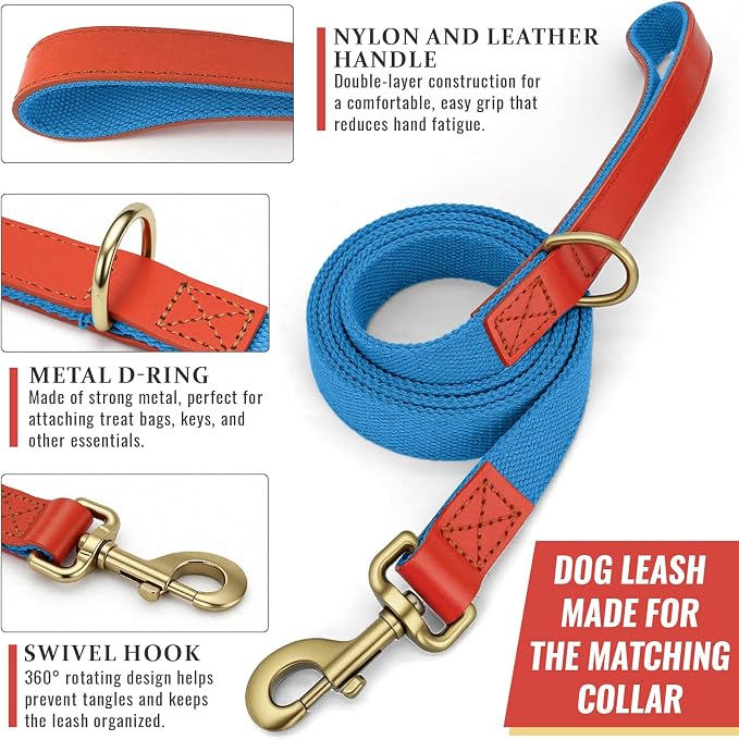 Dog Collar and Leash Set with Metal Quick Release Buckle, Adjustable, Breathable Nylon, Durable, Soft and Comfortable, No Pull for Walking and Training, Blue, L (14.9"-22.8")