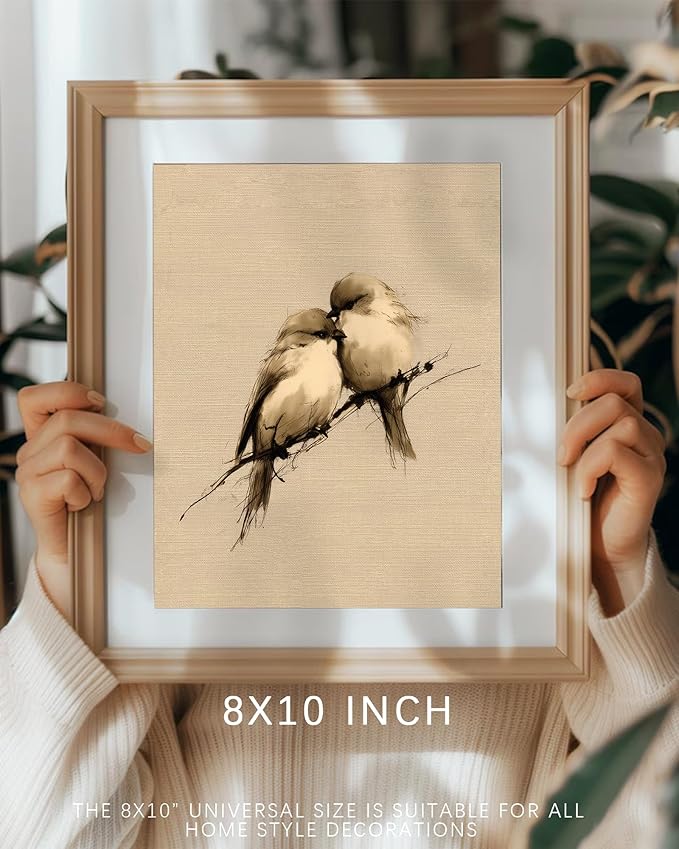 Vodefoad Vintage Love Birds Sketch Wall Art, Neutral Romantic Art, Cottage Valentine Spring Bird Canvas Painting, Romantic Country Style Interior Design Wall Decor for Bedrooms, Nurseries, Gallery, Bathroom - 8x10Inch Unframe