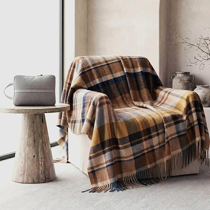 Soft Pure Wool Throw Blanket, Lightweight Warmth, 55"x83", Plaid, Fringe, Compact with Bag, Useful Gift for Women Men, All Season Decorative Cozy Travel Blanket for Couch Bed, Outdoors