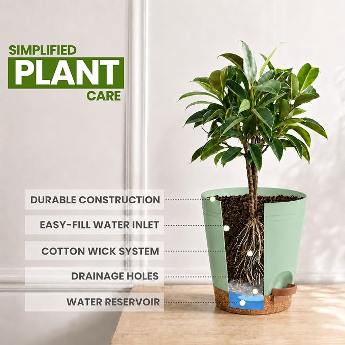 Utopia Home Self Watering Pots for Indoor Plants, Planters for Indoor Plants, Multi-Size Flowerpot, Set of 10 Plant Pots with Drainage & Reservoir, 6.8"/6.4"/5.9"/5.5"/4.9" (Olive Green)