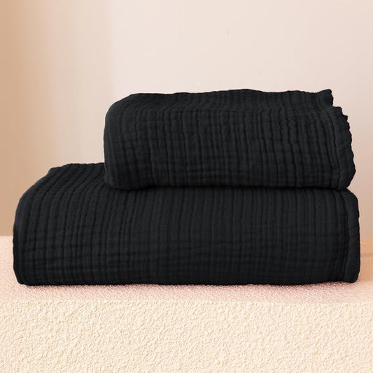 Ultra Soft Muslin Towel Adult Set, 100% Turkish Cotton 4-Layer 2 Pieces Luxury Muslin Hand & Bath Towels Sets for Bathroom (Black, 1 Bath & 1 Hand Towel Set)