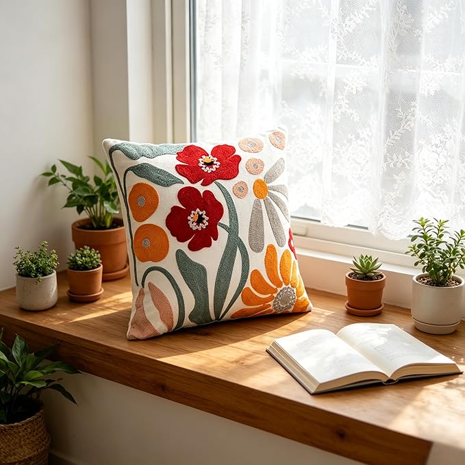 Embroidered Throw Pillow Cover 18x18 Inch,Cotton Canvas Floral Pillow Case, Daisy Wildflower Leaf Boho Farmhouse Decorative Cushion Square for Sofa Bedroom Living Room Outdoor Couch Farmhouse(A001)